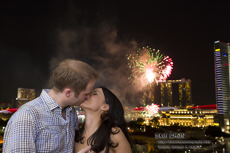 Night fireworks couple photoshoot session with Michael & Valerie at Riverwalk Apartments