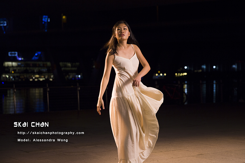 Night fashion photoshoot session with Alessandra Wong at Marina Bay Sands, under Bayfront bridge