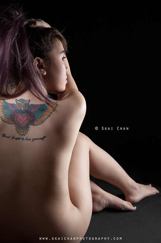Implied nude tattoo art photoshoot session with Kelly Lim at Gold's Gym Singapore, Lim Teck Kim outlet (makeshift photography studio)