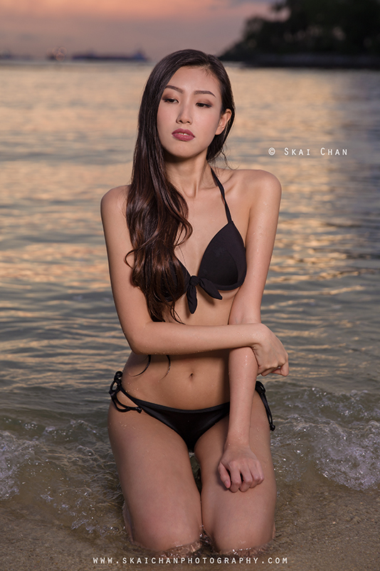 Bikini glamour sunset photoshoot session with Ng Shinyi at Palawan Beach (Sentosa)