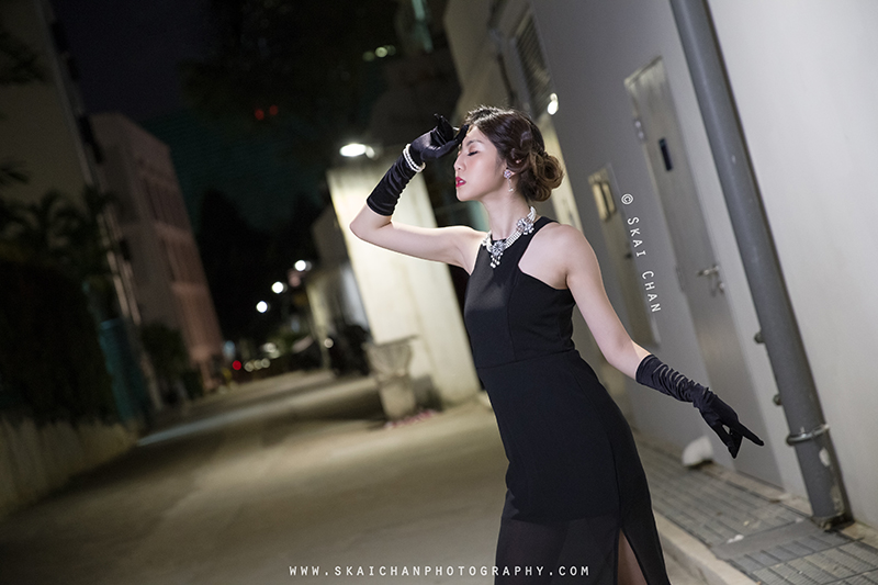Vintage themed retro style night photoshoot session with Hilary at Ann Siang Hill Park (back alley)