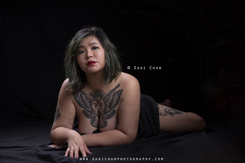 Tattoo art implied nude portrait photoshoot session with Isabelle Raphaela Leong at Tanjong Pagar (photography studio)