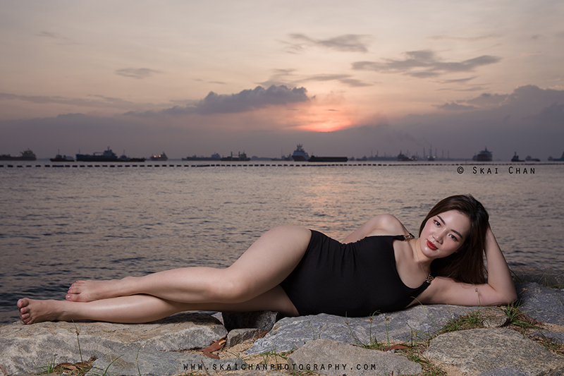 Sunset one piece swimsuit (swimwear) photoshoot session with Rosy Mai Xuan at Palawan Beach (Sentosa)