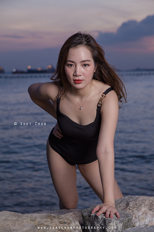 Sunset one piece swimsuit (swimwear) photoshoot session with Rosy Mai Xuan at Palawan Beach (Sentosa)