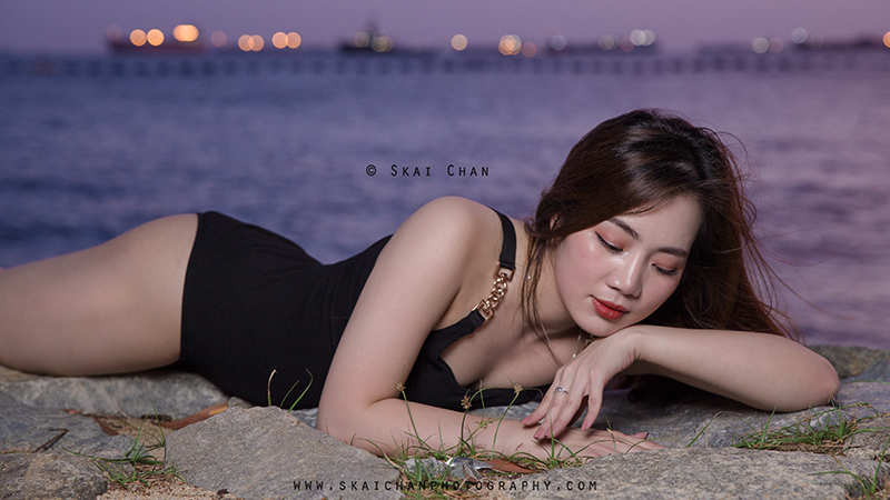Sunset one piece swimsuit (swimwear) photoshoot session with Rosy Mai Xuan at Palawan Beach (Sentosa)