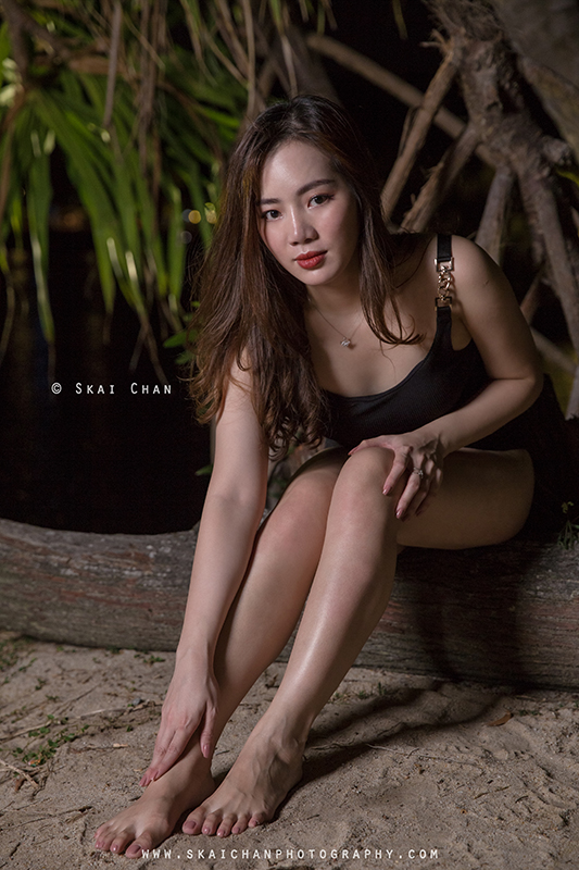Night beach one-piece swimsuit (swimwear) photoshoot session with Rosy Mai Xuan at Palawan Beach (Sentosa)