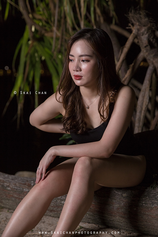 Night beach one-piece swimsuit (swimwear) photoshoot session with Rosy Mai Xuan at Palawan Beach (Sentosa)