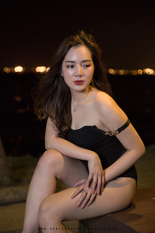 Night beach one-piece swimsuit (swimwear) photoshoot session with Rosy Mai Xuan at Palawan Beach (Sentosa)