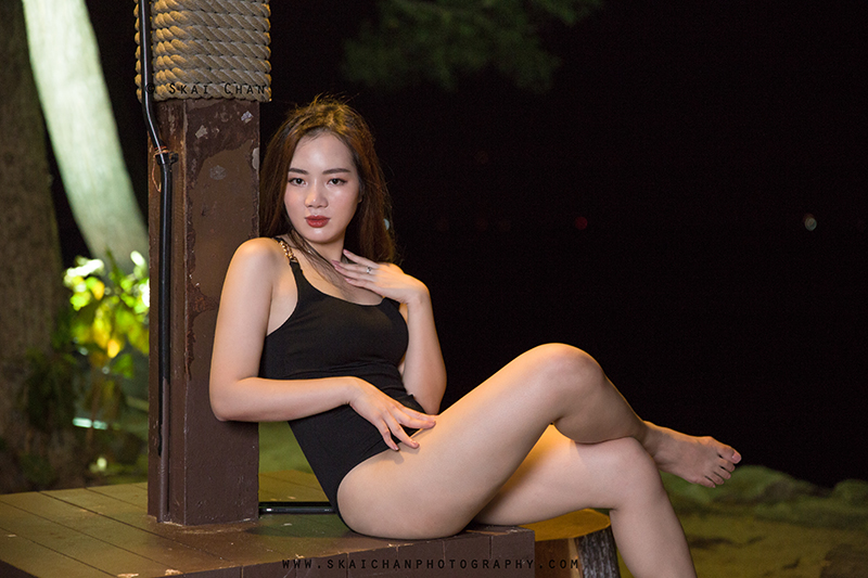 Night beach one-piece swimsuit (swimwear) photoshoot session with Rosy Mai Xuan at Palawan Beach (Sentosa)