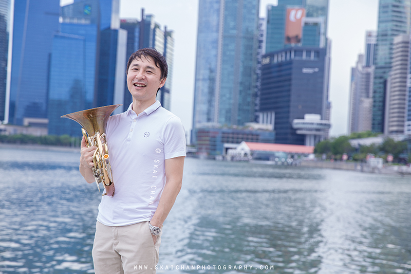 Editorial french horn portrait photoshoot session with Akira Uchida at Esplanade Outdoor Theatre