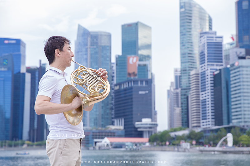 Editorial french horn portrait photoshoot session with Akira Uchida at Esplanade Outdoor Theatre