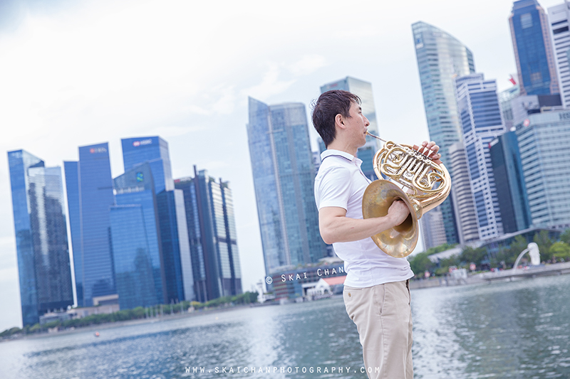 Editorial french horn portrait photoshoot session with Akira Uchida at Esplanade Outdoor Theatre