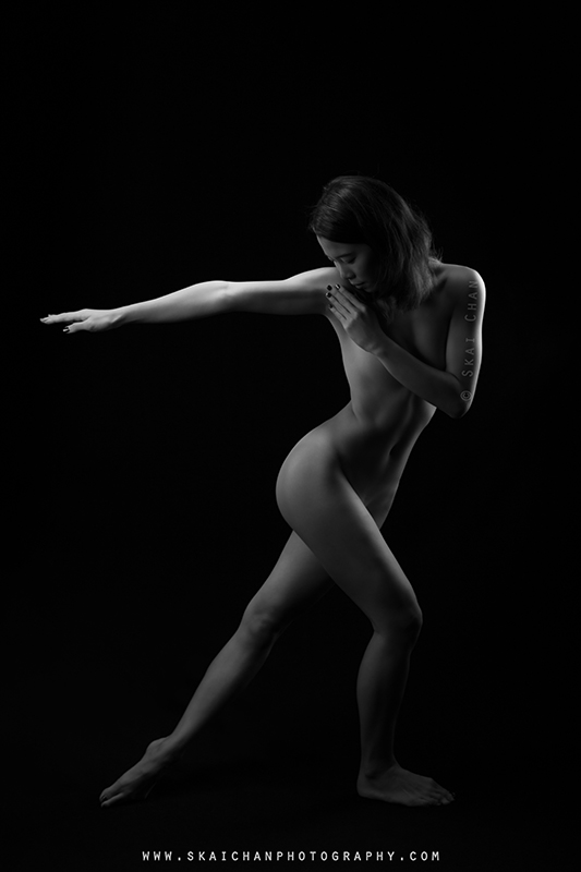 Black and white implied nude art yoga photoshoot session with Cheryl Alicia Chua at Tanjong Pagar (photography studio)