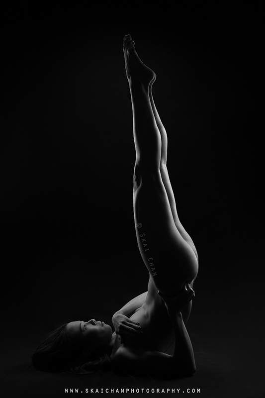 Black and white implied nude art yoga photoshoot session with Cheryl Alicia Chua at Tanjong Pagar (photography studio)