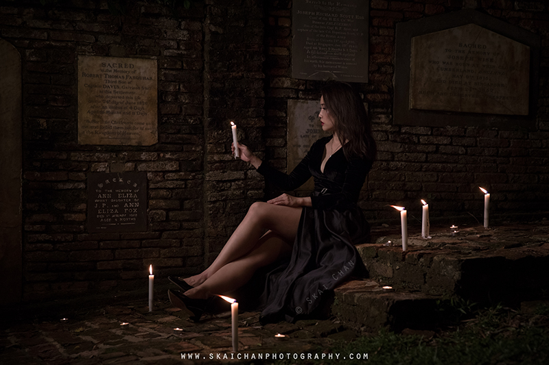 Dark Halloween themed candles photoshoot session with Ivy Tan at Fort Canning Park