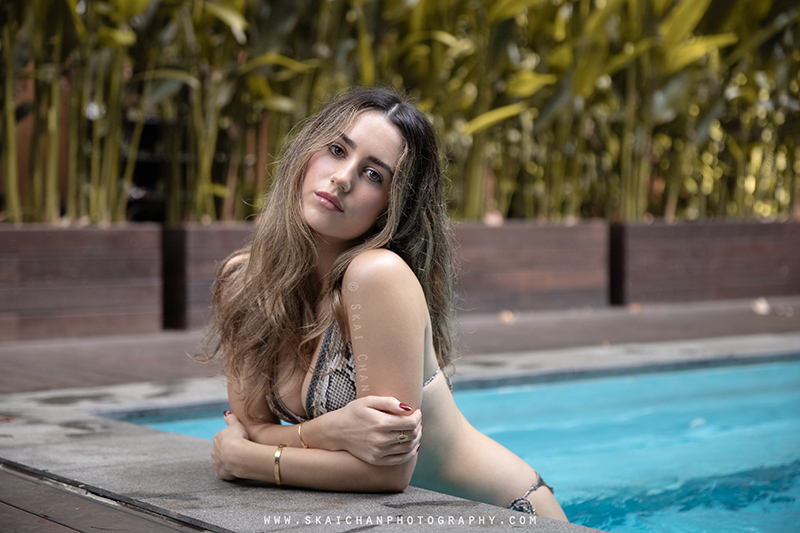 Lifestyle bikini model photoshoot session with Kylie Murr at swimming pool at Hmlet Cantonment hotel