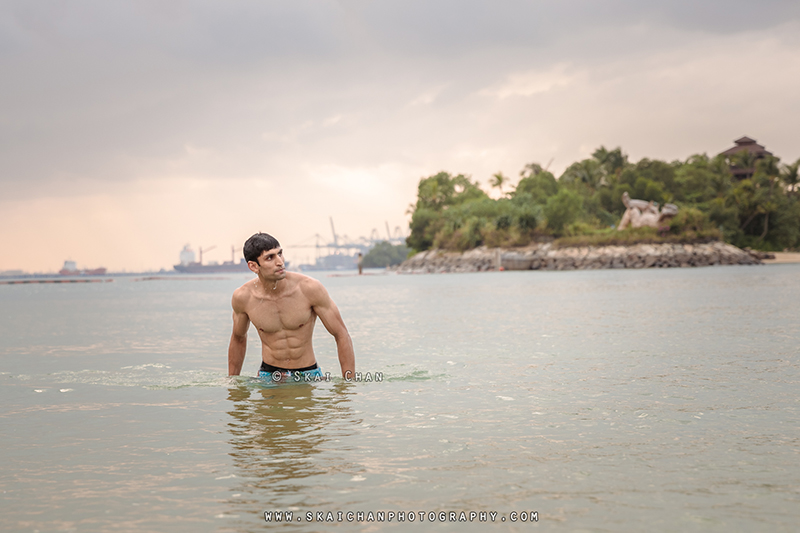 Water themed fitness portrait photoshoot session with Rounak @ Palawan Beach (Sentosa)