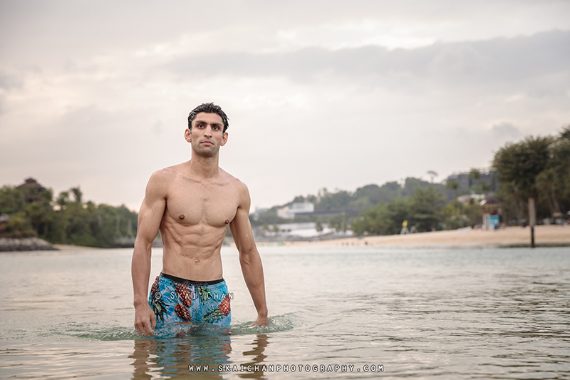 Water themed fitness portrait photoshoot session with Rounak @ Palawan Beach (Sentosa)