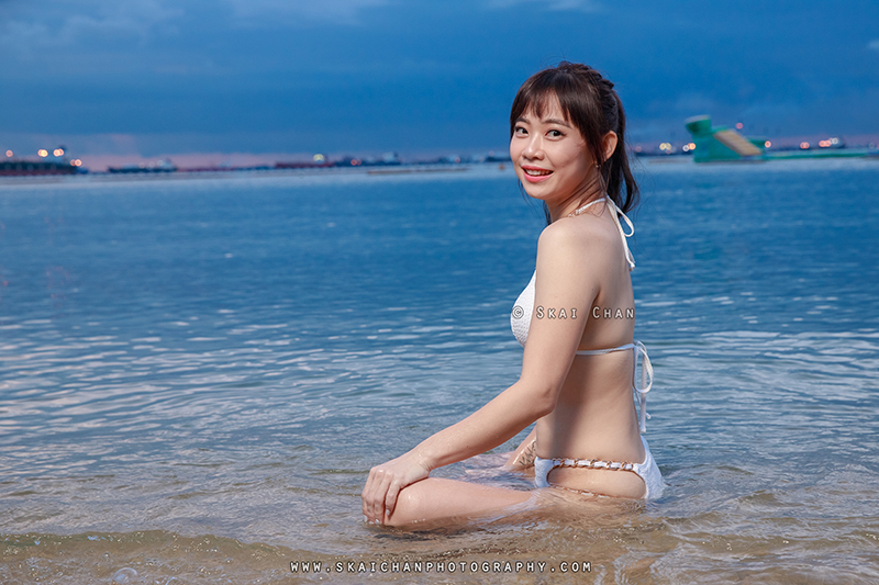 Sunset beach bikini fashion photoshoot session with Kai Ling at Palawan Beach (Sentosa)