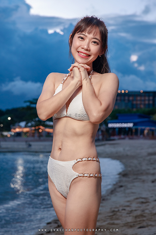 Sunset beach bikini fashion photoshoot session with Kai Ling at Palawan Beach (Sentosa)