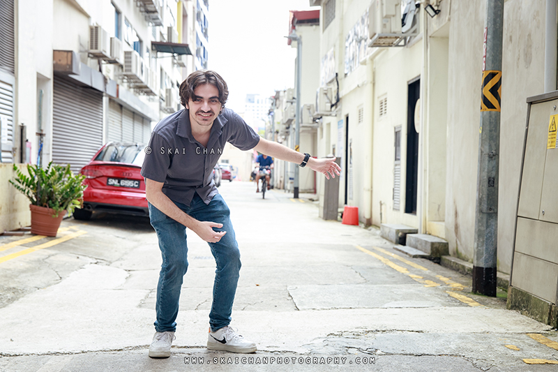 Men's street fashion photoshoot session with Zaid at back alley